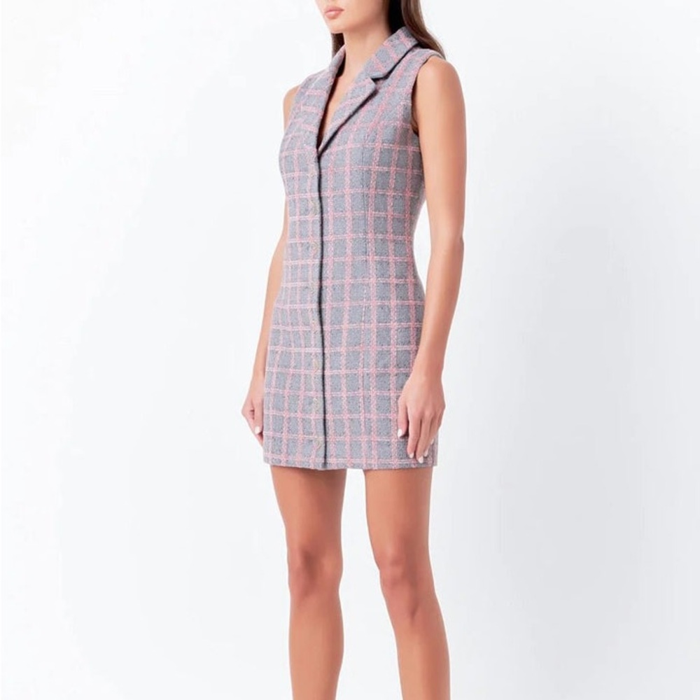 Endless Rose Pink Plaid Metallic Sleeveless Blazer Mini Dress NWT